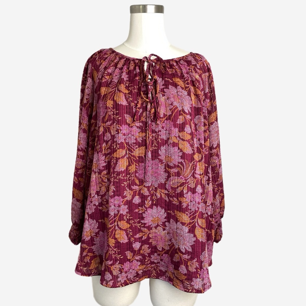 Loft red burgundy floral tie neck blouse earthy boho folkcore modern whimsical L
